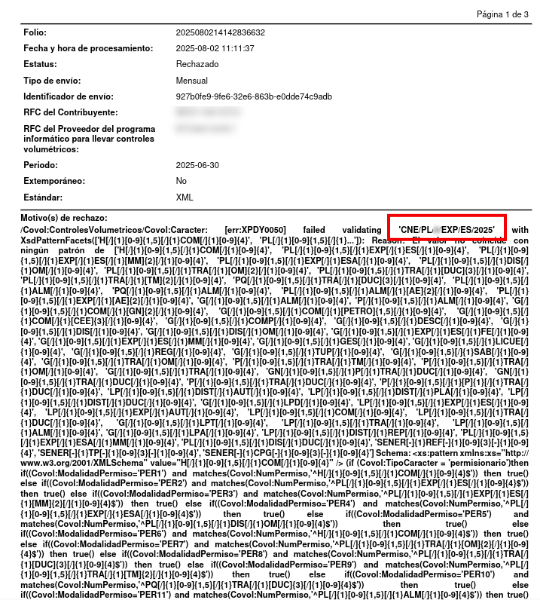 Acuse de error al subir un archivo XML con la nueva nomenclatura de permisos